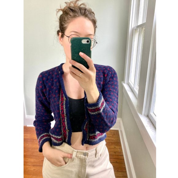 Vintage Crop Button Up Navy Blue Polka Dot Wool Cardigan Sweater - Picture 2 of 8
